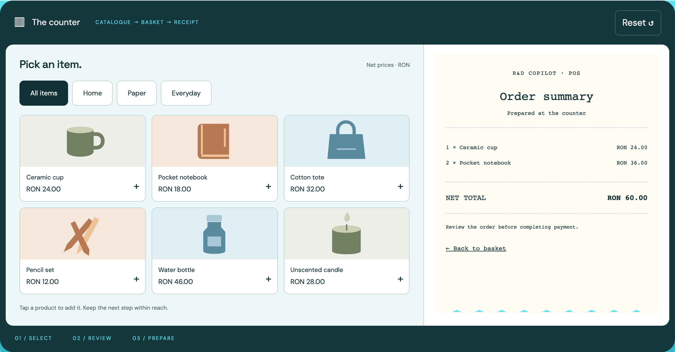 POS counter with a prepared net order summary for a ceramic cup and two pocket notebooks.